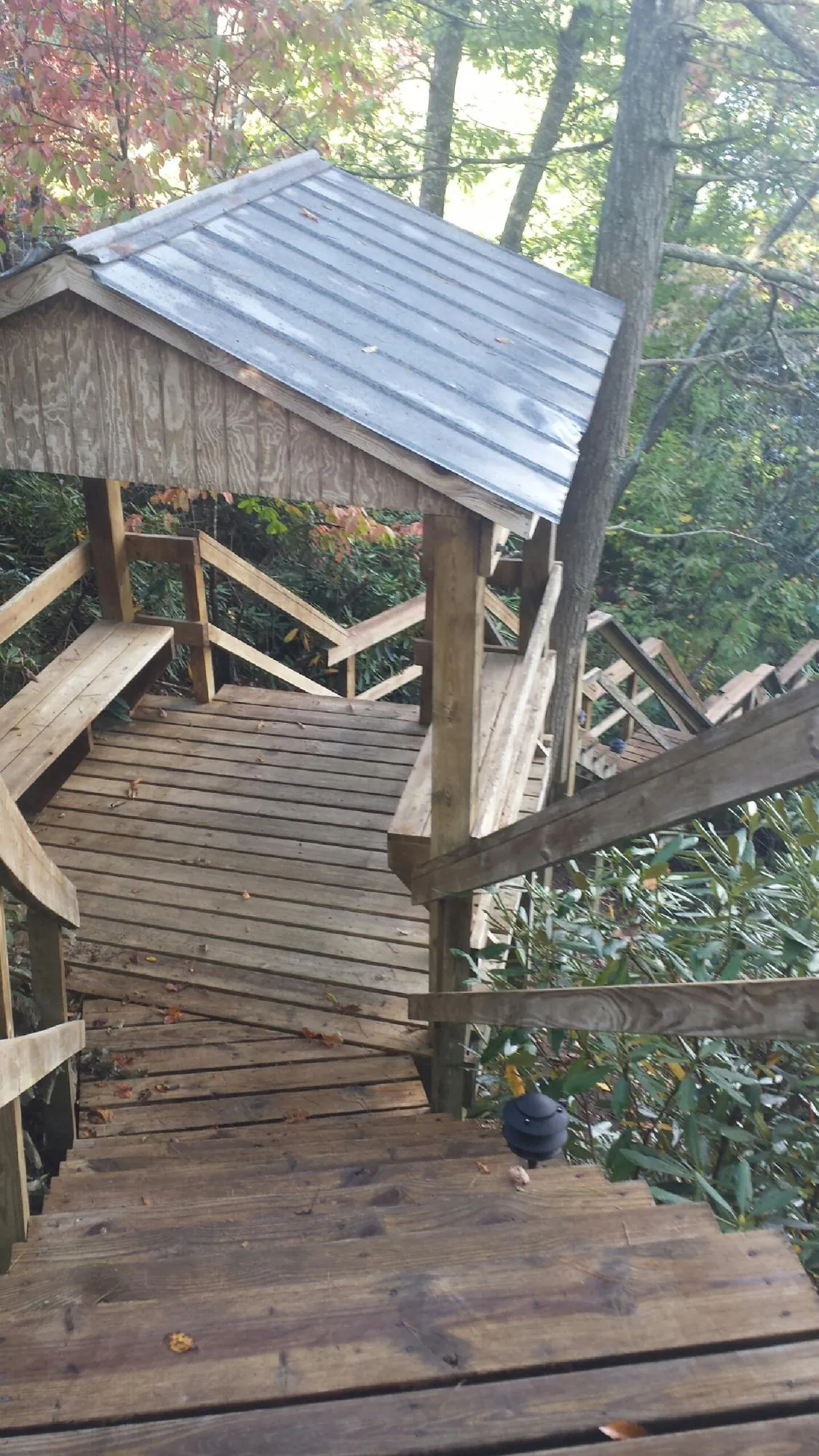 Metal roofed shelter over wooden steps on a wooded walkway — Skylight Repair & Installation work by our crew in Harrisonburg